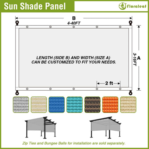 Dimensions of a sun shade panel with color options, featuring customization instructions, in a 15 by 17 feet size.