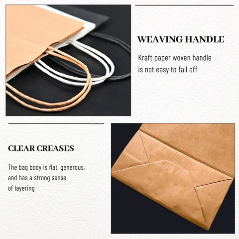 Close-up of weaving handles and clear creases on Brown Kraft Gift Bags With Durable Handles 8.25 X 5.9 X 3.15 Inches Pack Of 100