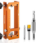 Door Hinge Jig Router Template For Universal One Quarter Inch And Five Eighth Inch Radius Hinges Aluminum Alloy Hinge Mortiser Fits Doors From Two And A Half To Five Inches Square Corner Plug And Play Ready DIY Hinge Cut And Install Tool displayed with router bits