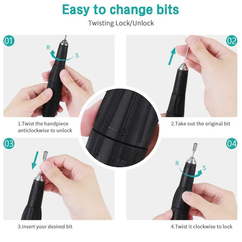 Steps to change bits on High Speed 35K RPM Micro Polisher With Technician Handle for lab work and crafts, showing steps 1-4.