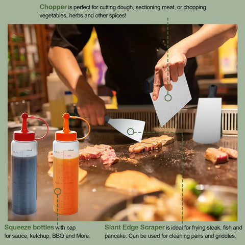 35 Piece Griddle Gear Kit For Flat Top Grills Including Long Griddle Spatula And Slotted Spatula in use on grill with bottles