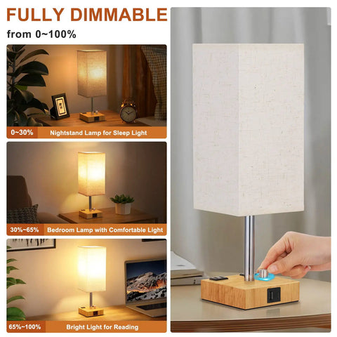 Fully Dimmable Touch Bedside Lamp With Solid Wood Base Included Bulb USB C And USB A Ports Dual AC Outlets Easy Dimmer And Eye Friendly Glow Nightstand Light For Bedroom Or Living Room Cozy Beige Finish