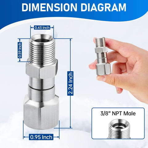 360 Degree Swivel Pressure Washer Fitting Three Eighths NPT Thread For Up To 5000 PSI Keeps Hose From Tangling No Fuss Kink Free Universal Connector For Easy Spraying And Smooth Cleaning, 3/8 NPT male stainless steel dimension diagram