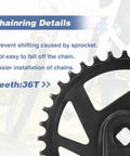 Detailed view of 36T chainring on Single Piece Mountain Bike Crankset 36T With 170mm Arms For MTB Bicycles, showing tooth profile.