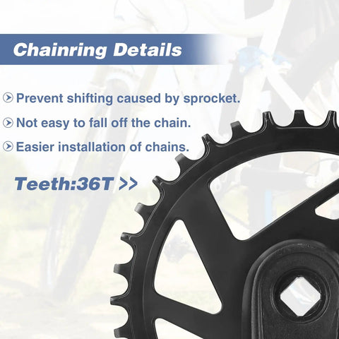 Detailed view of 36T chainring on Single Piece Mountain Bike Crankset 36T With 170mm Arms For MTB Bicycles, showing tooth profile.