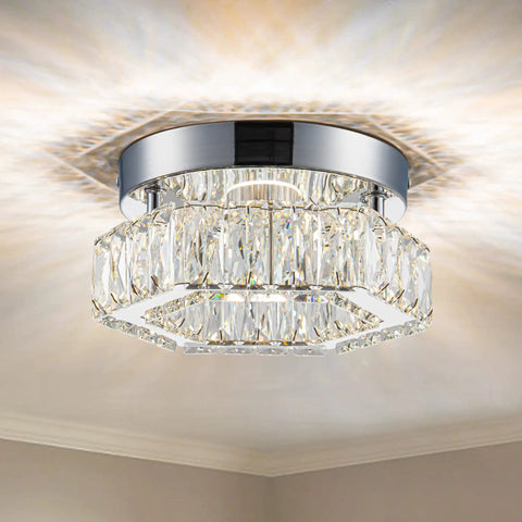 6.3 Inch Crystal Ceiling Light Fixture Mini Square Chandelier With Sparkling K9 Crystals And Stainless Steel Trim In 6500K Cool White LED Flush Mount