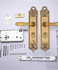Retro Style Zinc Alloy Door Knob Lock With Key For Indoor Security set including screws, keys, and lock components in gold finish.