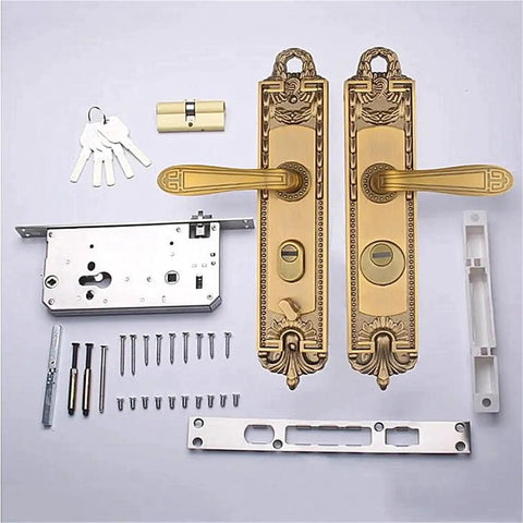 Retro Style Zinc Alloy Door Knob Lock With Key For Indoor Security set including screws, keys, and lock components in gold finish.