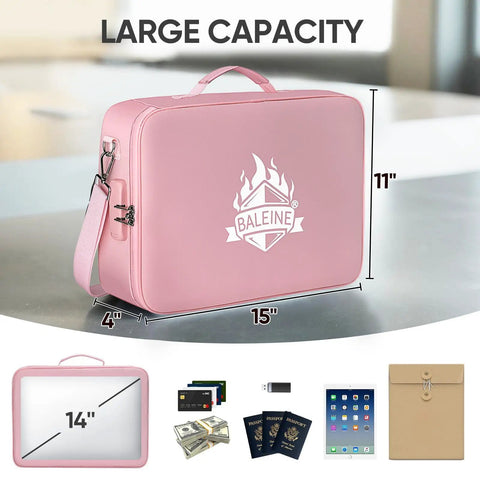 Fireproof Document Box With Lock Portable Waterproof File Organizer For Important Papers 15 By 11 By 4 Inches Pink SGS Certified