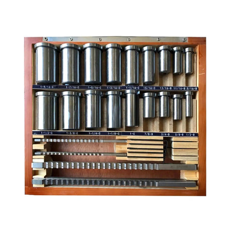 Pro Grade Keyway Broach Kit 30 Piece Inch Sized HSS Groove Broach Set with slotted bushings, shims displayed in wooden case