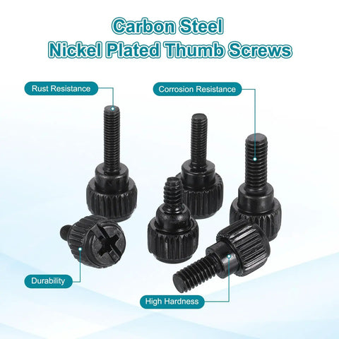 Hella Tight M3x6 Millimeter Computer Case Thumbscrews Carbon Steel Nickel Plated Knurled Fasteners For Motherboard Fan Mount And Power Supply Setup Black Pack Of Twenty Pieces displayed at various angles.