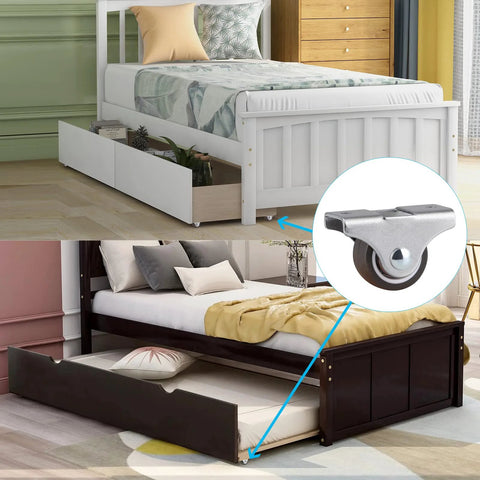 Eight Pack 1 Inch Rigid Casters Low Profile Top Plate Fixed Caster Wheels For Trundle Beds Cabinets And Drawers Silent TPE Wheel Chrome Plated Steel Construction 212 Lb Total Load Capacity installed on trundle beds