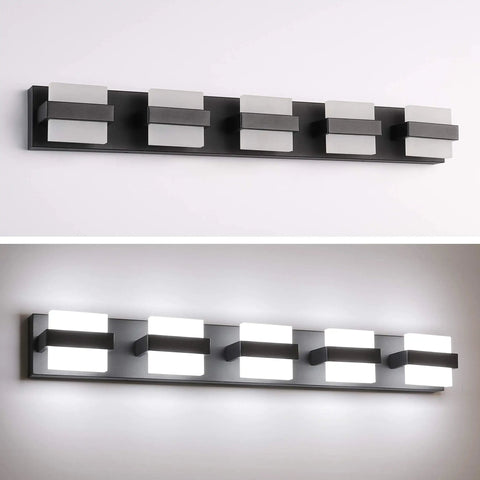 Sleek Black 5 Light Vanity Bar Over Mirror LED Bathroom Light 34 Inch Dimmable White Glow Modern Bath Fixture