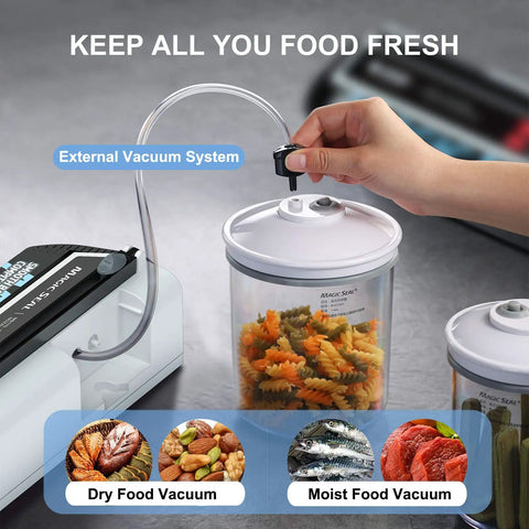 Nozzle Vacuum Sealer For Mylar And Smooth Bags 220W Food Saver With Adjustable Vacuum And Seal Time Auto Or Manual Modes Perfect For Long Term Storage Not For Textured Bags Model MS175 demonstrating external vacuum system with pasta in container
