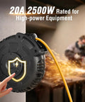 Heavy Duty 40 Foot 10 Gauge Retractable Extension Cord Reel 20A 125V SJTOW Power Cord ETL Listed With NEMA 5 15R And 5 20R Receptacles Built Tough For Generators Welders Saws Vacuums Heaters And Heavy Tools, 20A 2500W rated reel