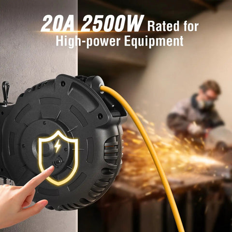 Heavy Duty 40 Foot 10 Gauge Retractable Extension Cord Reel 20A 125V SJTOW Power Cord ETL Listed With NEMA 5 15R And 5 20R Receptacles Built Tough For Generators Welders Saws Vacuums Heaters And Heavy Tools, 20A 2500W rated reel