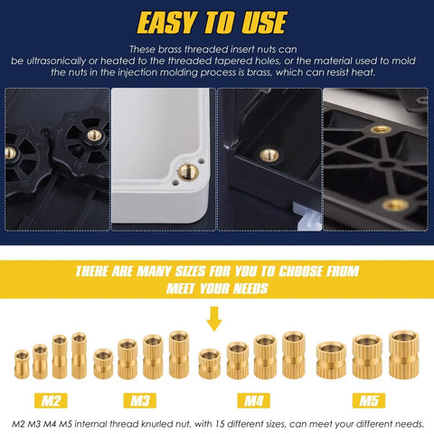 Heavy Duty Brass Knurled Threaded Inserts Kit For Plastic Injection Molding M2 M3 M4 M5 Heat Set Female Thread Nuts 500Pcs Metric Ultra Strong Bond For Nylon PLA And 3D Printed Parts display and application examples