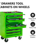 Built Tough 21 Inch Freestanding Storage Cabinet And Tool Chest Rollin Tight With Ball Bearing Slides And Locking Caster Wheels For Garage Or Backyard Shed Setup Matte Green with 7 drawers on wheels.