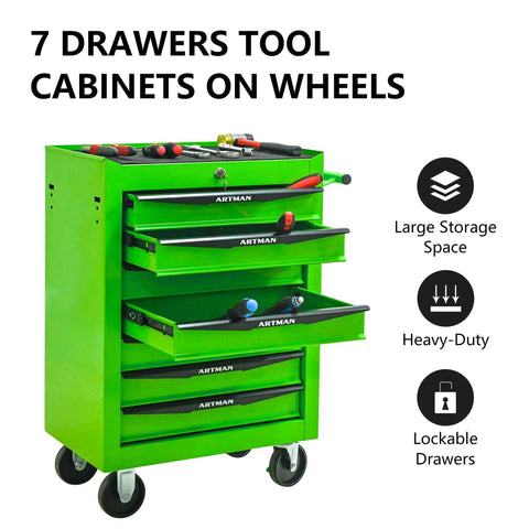 Built Tough 21 Inch Freestanding Storage Cabinet And Tool Chest Rollin Tight With Ball Bearing Slides And Locking Caster Wheels For Garage Or Backyard Shed Setup Matte Green with 7 drawers on wheels.