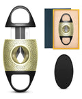 Gold and black V Cut Cigar Cutter with zinc alloy blade and stainless steel guillotine, includes gift box and travel case