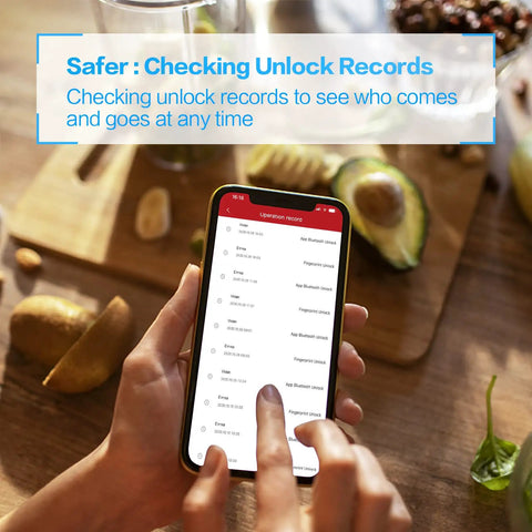 Checking unlock records on phone for smart door lock handle with fingerprint biometric security for bedroom home and office use