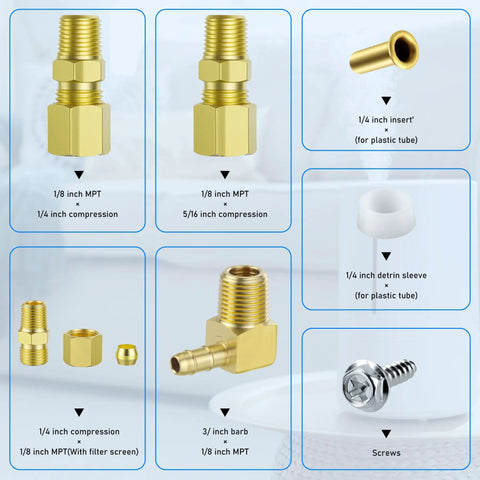 Universal 24V Humidifier Solenoid Valve UHS24 Replacement Kit parts including brass fittings and plastic tube inserts