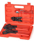 All-In-One PEX Crimp Tool Kit For One Half And Three Quarter Inch Copper Crimp Rings, Includes Cutter, Copper Ring Removal Tool, Decrimp Function, Durable Carry Case, Pro Grade Gear For Fast, Reliable PEX Installations, Meets ASTM F1807 open red case with tools displayed