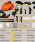 Heavy Duty 1800W Steam Cleaner Packing Five Bars Of Super Hot Vapor At 320F To Blast Away Grime Fast On Carpets Floors And Car Seats While Saving You Elbow Grease From A Big Two Point One Liter Tank Inside with accessories and attachments laid out.