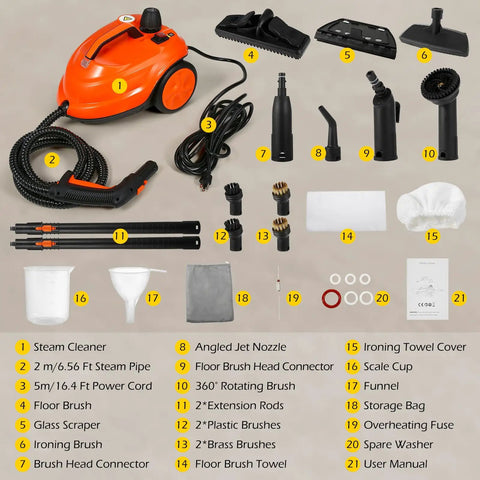 Heavy Duty 1800W Steam Cleaner Packing Five Bars Of Super Hot Vapor At 320F To Blast Away Grime Fast On Carpets Floors And Car Seats While Saving You Elbow Grease From A Big Two Point One Liter Tank Inside with accessories and attachments laid out.