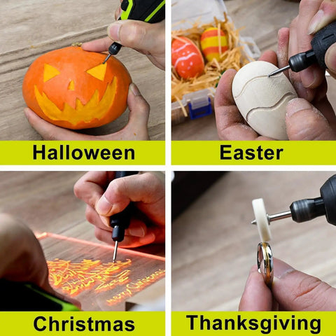 12V Cordless Rotary Tool Kit With Flex Shaft And 7 Variable Speeds used for holiday engraving on pumpkins, eggs, and crafts