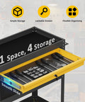 Workhorse Heavy Duty Rolling Tool Cart with open lockable drawer showing tools, part of the 3-tier steel utility cart.
