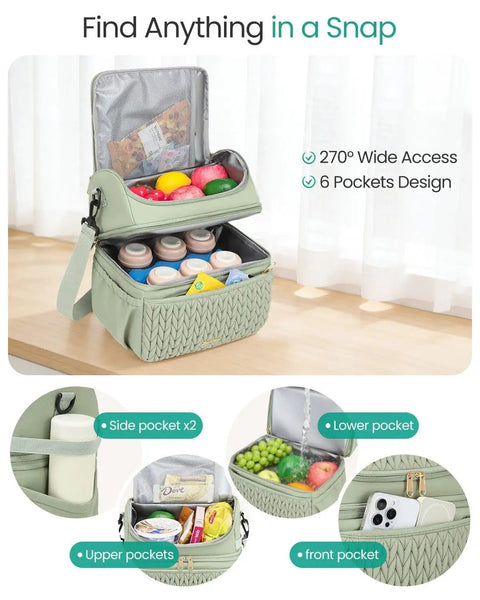 Straight Up Game Changer Super Chic 12l Insulated Breastmilk Cooler Bag With Double Deck Layout Detachable Dividers Plus Totally Leakproof Bottom Zone For Hassle Free Pumping Storage, showing pockets and items.