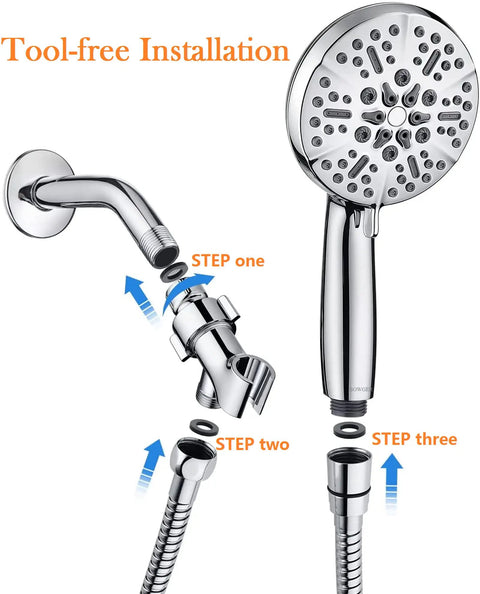 Tool-free installation steps for Handheld High Pressure Rain Shower System With Full Body Coverage, 60 Inch Hose, Adjustable Brass Joint Holder.