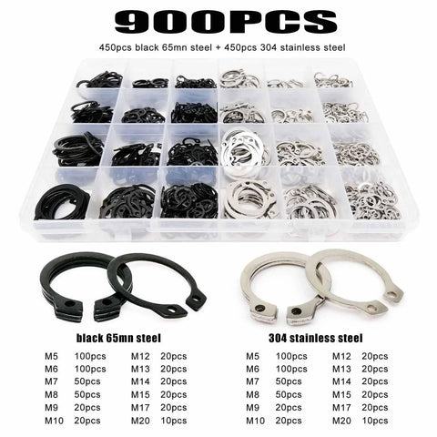 Pro Grade Heavy Duty Snap Ring Kit 500 To 900 Pieces, M5 Through M20 External Circlips in organized compartments
