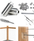 Twenty Pack One Eighth Inch Swageless Invisible Cable Railing Kit With Hidden Fittings And Lag Screws For Four By Four Six By Six Eight By Eight Wood Posts No Visible Hardware In T316 Stainless Steel Deck Cable Railing System CB16 Ten Pairs showing stainless steel components, assembly tools, and wood post example.