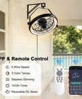 23 Inch Wall Mounted Fan With Light And Remote App Control shown installed on patio wall with remote and phone app displayed