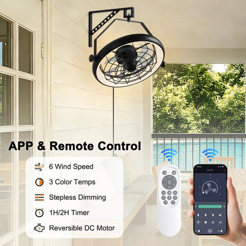 23 Inch Wall Mounted Fan With Light And Remote App Control shown installed on patio wall with remote and phone app displayed