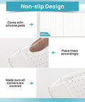 No Sweat 44 Piece Clear Plastic Drawer Organizers Set with silicone pads for non-slip placement and coverage details.