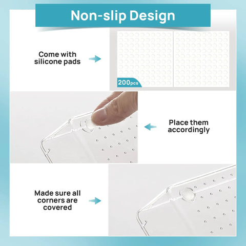 No Sweat 44 Piece Clear Plastic Drawer Organizers Set with silicone pads for non-slip placement and coverage details.
