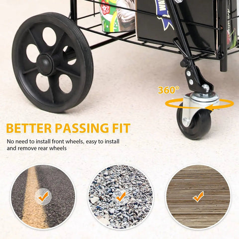 Close-up of 360° swivel wheel on Go-To Grocery Cart With 360 Degree Swivel Front Wheels And 100 Lb Capacity, Collapsible Utility Cart