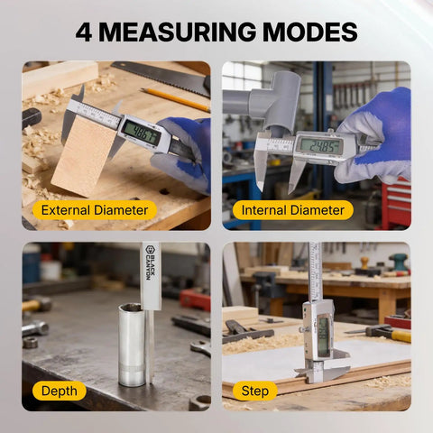 BLACK CANYON 12" Digital Caliper demonstrating external and internal diameter, depth, and step measuring modes in a workshop.