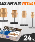 Brass Pipe Fittings Kit 24 Pieces NPT Female Hex Couplings Set with labeled box and fittings displayed.