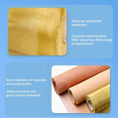 Copper Mesh Shielding Sieve fabric rolls showing 99.99% pure copper material, highlighting non magnetic, wear resistant testing mesh features.