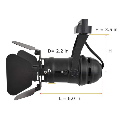 Side view of Vintage Industrial Track Light Head, 5W GU10 LED, black finish, 6-inch length, showing dimensions, durable aluminum construction.