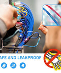 Installed view of Kuject 320pcs heat shrink wire connector kit on a panel with blue wires; inset shows heat-shrink connectors close-up