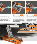 Close-up of orange 2.5 Ton Steel Floor Jack With Low Profile Design showing lifting instructions and hydraulic system details.