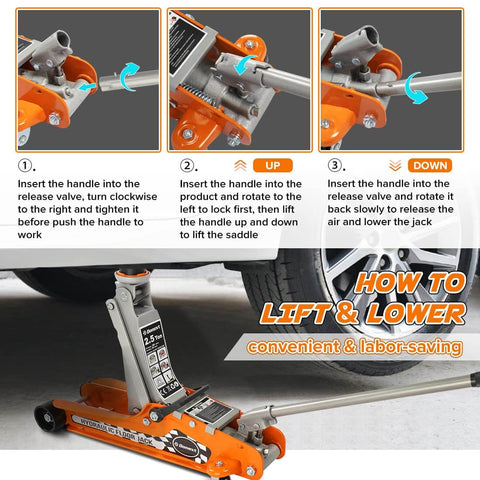 Close-up of orange 2.5 Ton Steel Floor Jack With Low Profile Design showing lifting instructions and hydraulic system details.