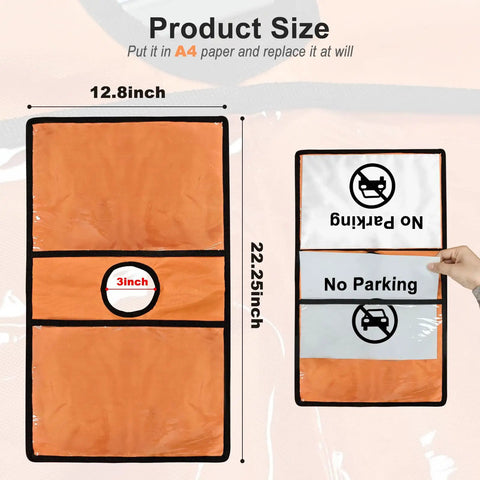 Six Pack Orange Traffic Cone Sleeves With Pockets For Caution Signs And Outdoor Safety Signals Durable Oxford Cloth PVC Cover 22 Inch Length 13 Inch Wide 3 Inch Hole Great For Sports Training And Events showing front and back view.