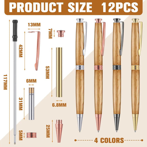 12 Pack 7mm Trimline Twist Pen Kit With Refills For Wood Turning Slimline Pen Making Supplies shown in 4 colors and components