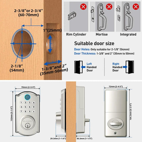 Legit Heavy Duty Fingerprint Door Lock For Front Door Storing 100 Fingerprints 50 Pin Codes And Two Spare Keys Smart Keyless Entry deadbolt size guide.